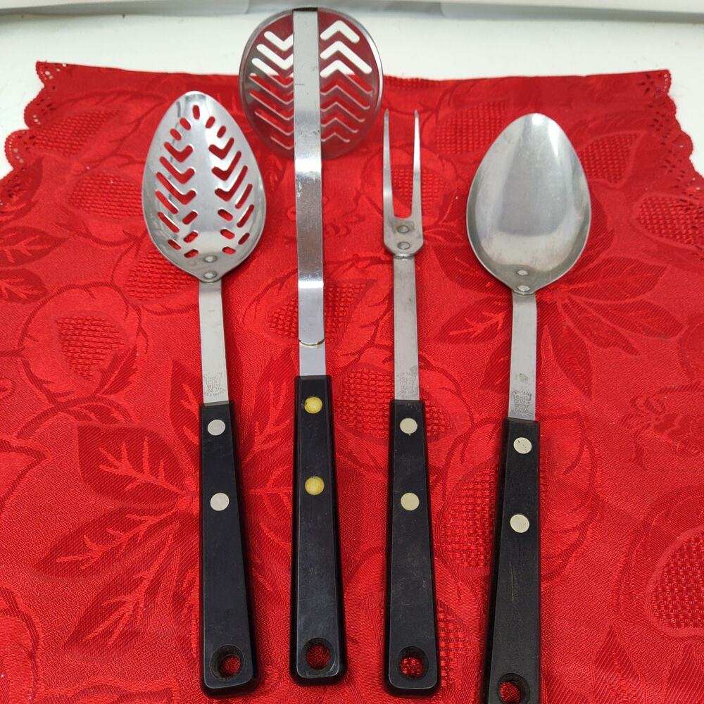 4X Ekco Flint Arrowhead Utensil Set + Vanadium Fork Spoon Mash Black Handle Vtg